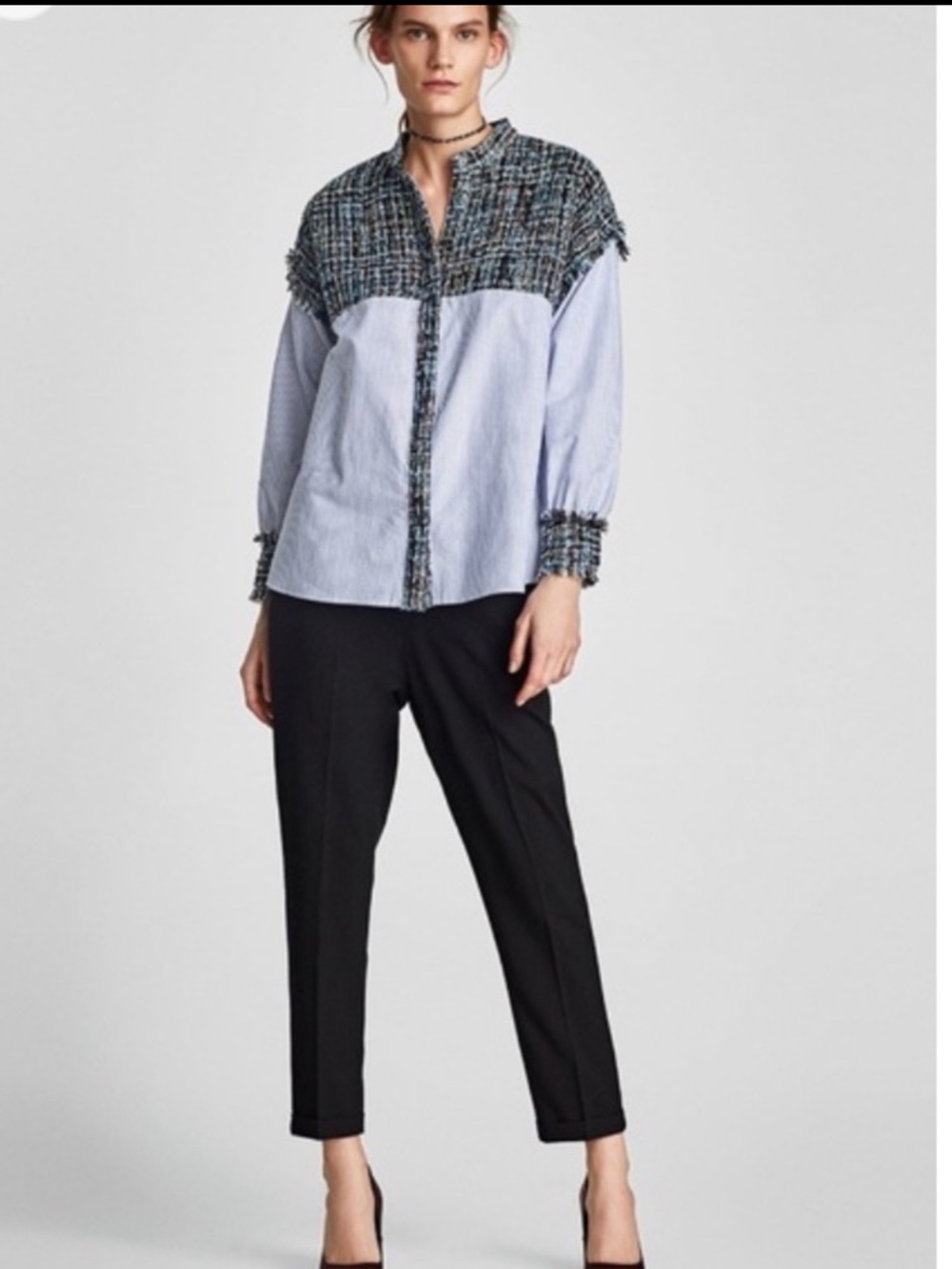 Zara Basic Blue Striped Contrasting Tweed Long Sleeve Shirt Size S Office Casual
